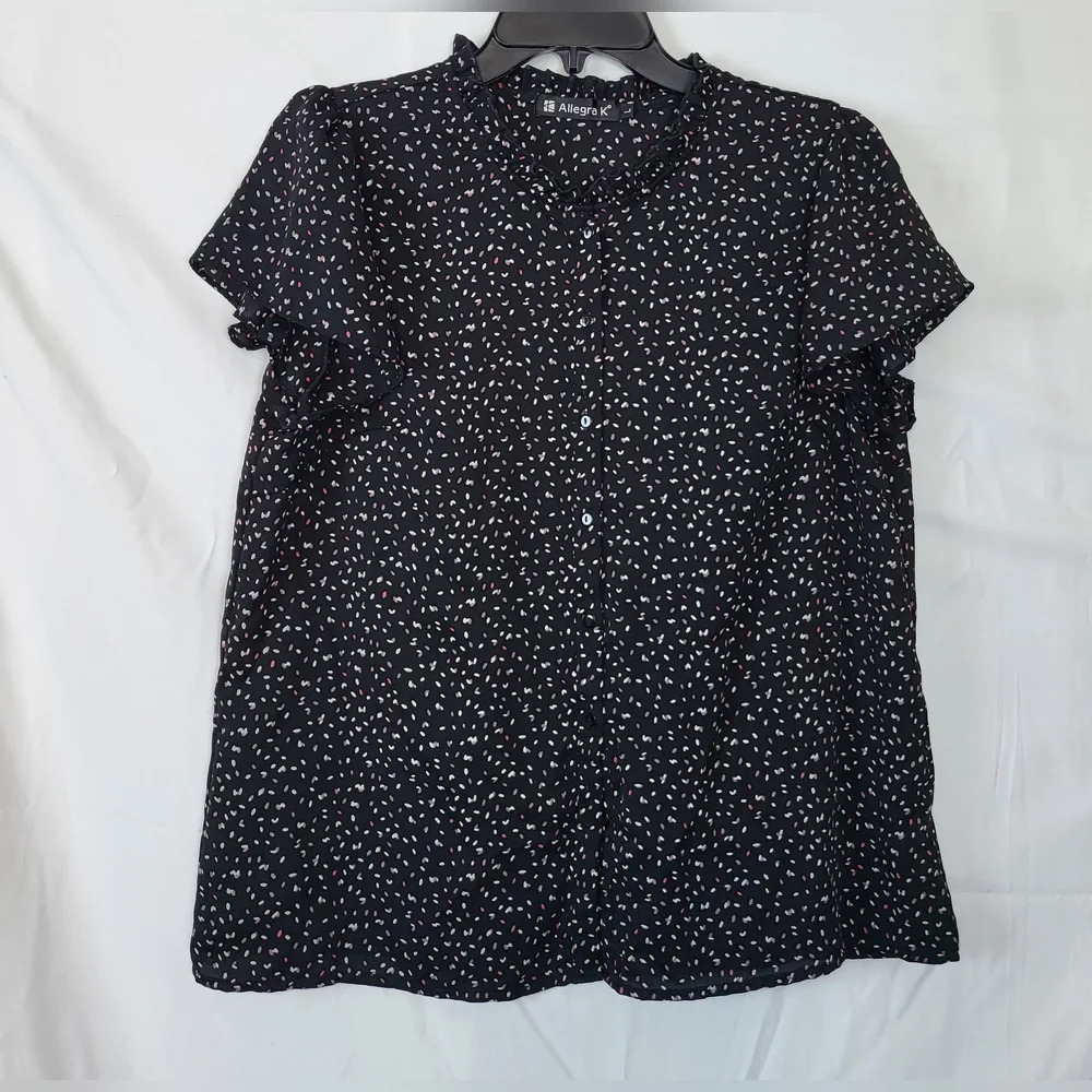 Allegra K Women's Black Summer Dots Ruffle Stand Collar Button Down Shirt Size L